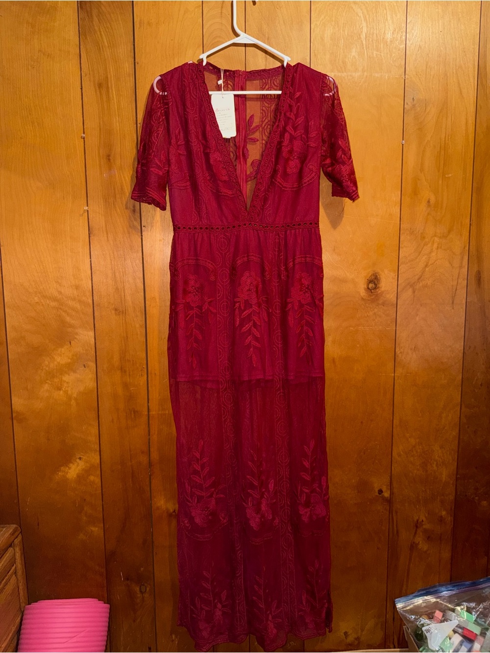 BUILT IN SHORTS UNDER DRESS! Deep Wine Lace Maxi Dress with V-Neck